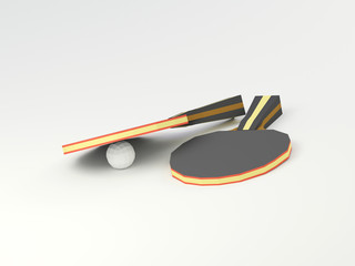 3D rendering. Table tennis rackets and a ball. Low-poly models. Objects on a white background.