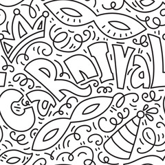 Carnival seamles pattern background with masquerade masks, crown and jester hat..Black and white hand drawn vector illustration. Doodle style.