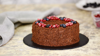 Russian chocolate cake Napoleon with berries and sprinkled with crumbs.