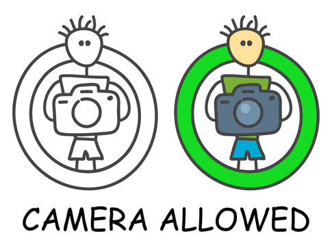 Funny vector stick man with a camera in children's style. Allowed picture sign green. Not forbidden symbol. Sticker or icon for area places. Isolated on white background.