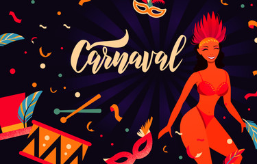 Brazilian carnival posters with colorful party elements. Carnival hand lettering text as banner, card, logo, icon, invitation template. Rio de Janeiro dancer wearing a festival costume.