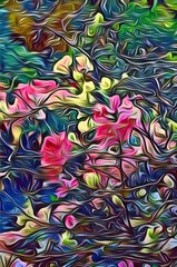 ILLUSTRATION ABSTRACT NATURAL TEXTURE BACKGROUND. Close up of Colorful flowers blooming in garden plant park. Tropical trees floral and green leaves for wallpaper pattern backdrop graphic decor design