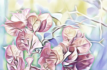 ILLUSTRATION ABSTRACT NATURAL TEXTURE BACKGROUND. Close up of Colorful flowers blooming in garden plant park. Tropical trees floral and green leaves for wallpaper pattern backdrop graphic decor design