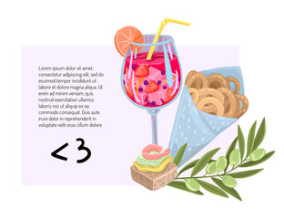 Banner concept with sangria in a fougeres, tapas and olive branch. Vector design illustration.