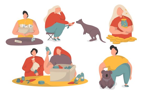 Collection of volunteers on a white background. Men and women feed forest animals, collect money, pack donation box. Help kangaroo and koalas concept.