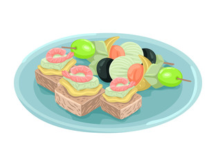 Plate with tapas. Snacks with shrimps and olives. Vector drawing