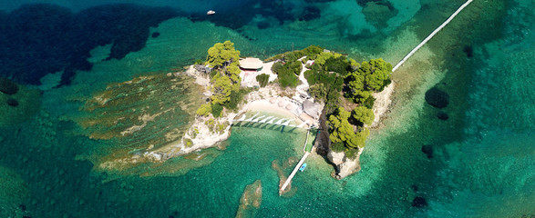 Aerial drone ultra wide photo of iconic small islet of Cameo near Laganas bay, Zakynthos island,...