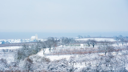 Fototapeta na wymiar Church of oggau with winter landscape in Burgenland