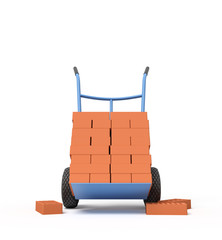 3d rendering of stack of red perforated bricks on blue hand truck with several bricks on ground.