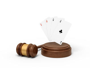 3d rendering of playing cards on round wooden block and brown wooden gavel
