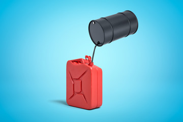 3d rendering of black metal barrel with black liquid pouring into red gasoline can on blue background