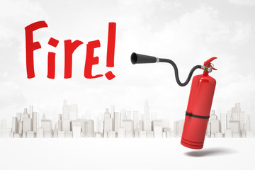 3d rendering of red foam portable fire extinguisher with red 'Fire' sign on white city skyscrapers background