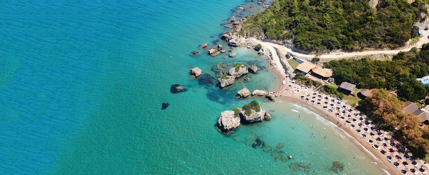 Aerial drone ultra wide photo of famous sandy beach of Porto Zoro in island of Zakynthos, Ionian, Greece
