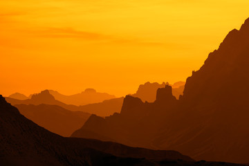 Mountain ranges at sunset in the Sexten Dolomites / Dolomiti di Sesto / Sextener Dolomiten, nature reserve in South Tyrol, Italy