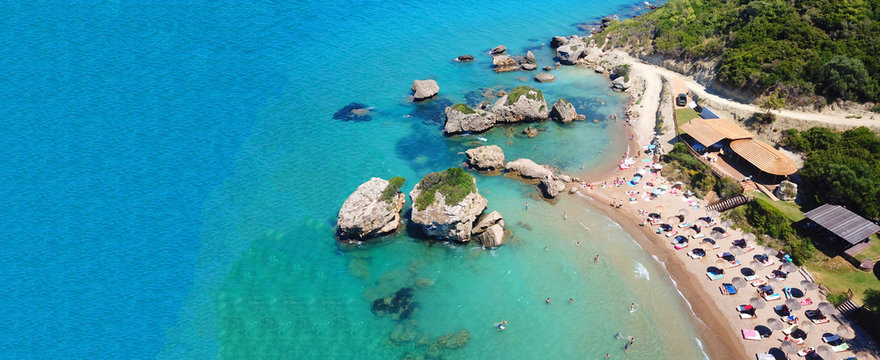 Aerial drone ultra wide photo of famous sandy beach of Porto Zoro in island of Zakynthos, Ionian, Greece