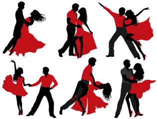 Set of dancing couple silhouettes. Isolated on white.
