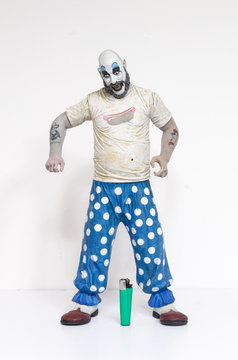 london, england, 05/05/2018 captain spaulding serial killer clown action figure  from the film house of 1000 corpses and devils rejects.  1990s.  created by rob zombie film director and writer.