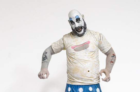 london, england, 05/05/2018 captain spaulding serial killer clown action figure  from the film house of 1000 corpses and devils rejects.  1990s.  created by rob zombie film director and writer.