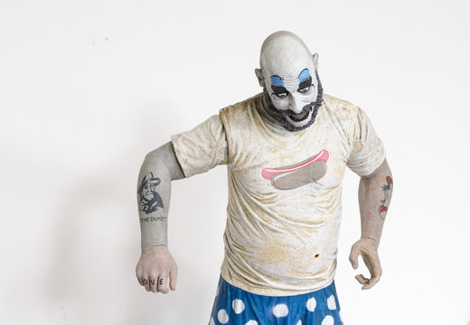 london, england, 05/05/2018 captain spaulding serial killer clown action figure  from the film house of 1000 corpses and devils rejects.  1990s.  created by rob zombie film director and writer.