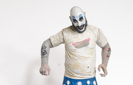 london, england, 05/05/2018 captain spaulding serial killer clown action figure  from the film house of 1000 corpses and devils rejects.  1990s.  created by rob zombie film director and writer.