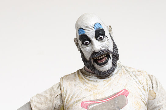london, england, 05/05/2018 captain spaulding serial killer clown action figure  from the film house of 1000 corpses and devils rejects.  1990s.  created by rob zombie film director and writer.