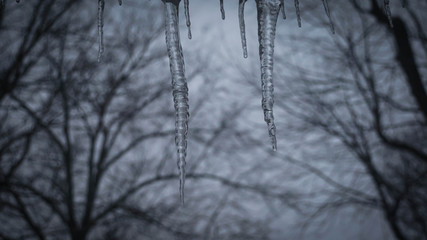 Icicles hanging outside window against a cold, winter sky
