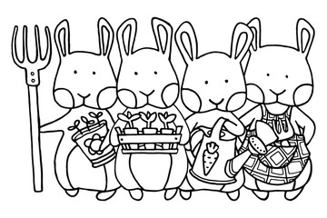 Hand drawing vector illustration. Coloring page. Set of cartoon rabbits. Rabbit the gardener. Cute character. Spring rabbit. Easter. Book illustration. Use for prints, stickers, posters and kids stuff