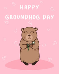 happy groundhog day greeting card with cute wild animal and cartoon hand drawing doodle elements on pink background, editable vector illustration for poster, banner, spring decoration