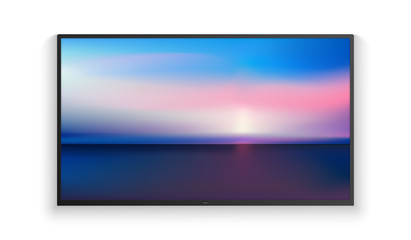 Naklejka premium Vector realistic wide angle smart HD tv on the wall. Blue aerial panoramic view of sunrise over ocean. Led 3d screen isolated on white background. Sunrise watercolor gradation.