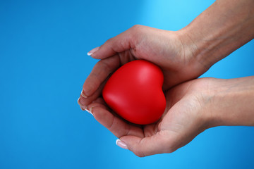 Close-up of beautiful cute female hands holding red heart. Black little cross on central organ of human body. Cardiology and healthcare concept. Isolated on blue background