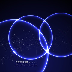 Vector abstract background with overlapping circles and dots. Chaotic motion. Round banner with empty space for text. Node molecule structure. Science and connection concept.