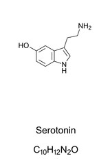 Serotonin molecule, skeletal formula. Structure of C10H12N2O. Monoamine neurotransmitter. Popular image as contributor to feelings of well-being and happiness. Structural formula. Illustration. Vector