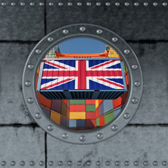 Looking through a ship Porthole. Container with United Kingdom flag being loaded. 3D Rendering