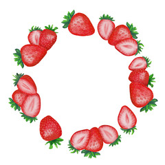 Hand Drawn Watercolor Strawberries Wreath. Red Berries Circle Isolated on White Background