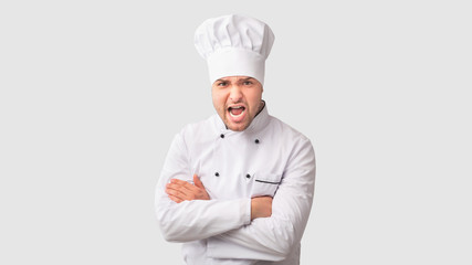 Angry Chef Man Shouting Crossing Hands Standing In Studio, Panorama