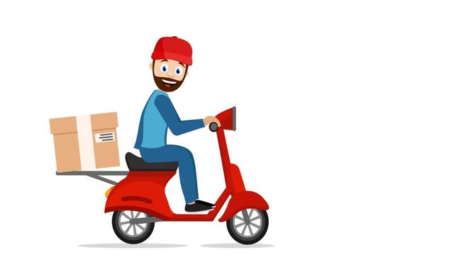 Courier delivers a box on a motorcycle, looped animation. Delivery service