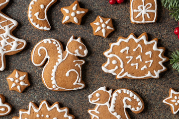 Christmas gingerbread cookies on a dark background