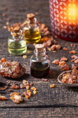 A bottle of myrrh essential oil and myrrh resin