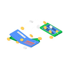 Isometric currency transfer between purses. Vector illustration of flying gold and silver funds. Capital flow