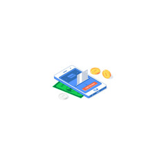 Isometric electronic commerce network application. Vector illustration of banknotes, card, golden and silver coins with phone, interface and button