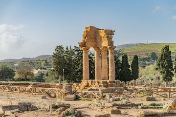 Temple of Dioscuri (Castor and Pollux). Famous ancient ruins in Valley of Temples, Agrigento, Sicily, Italy.