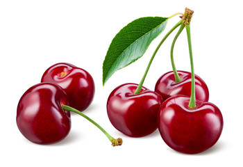 Cherry isolated. Cherries with leaves on white background. Sour cherries on white. With clipping...