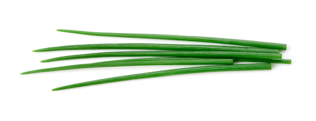 Chives isolated. Young green onion. Flat lay. Top view.