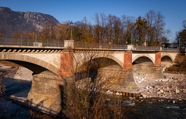 Beautiful winter view with an old stone bridge at Bad Reichenhall, Bavaria, Germany