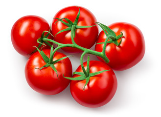 Tomato branch on white background. Tomatoes isolate. Tomato top view. With clipping path.