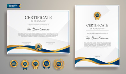 Blue and gold certificate of achievement template with gold badge and border
