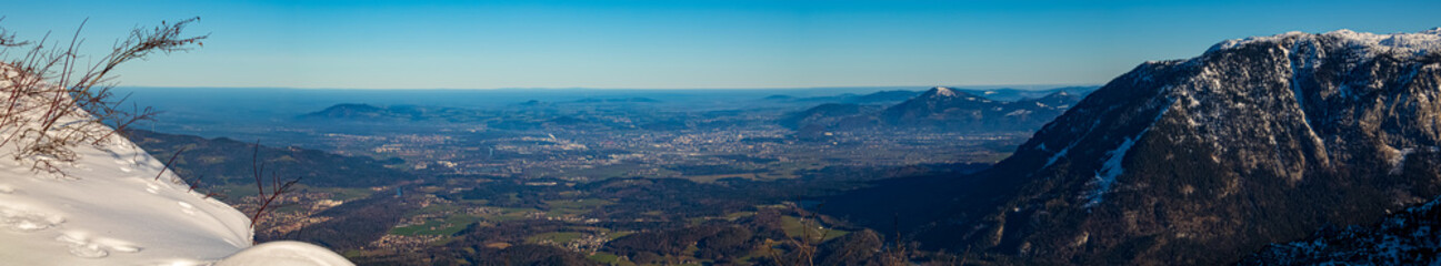 High resolution stitched panorama of a beautiful far view of Salzburg at the famous Predigtstuhl,...