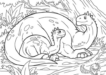 Coloring book for children with a dinosaur hand-painted in cartoon style