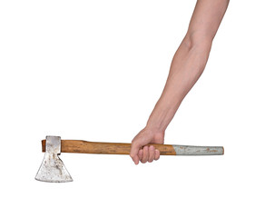 Hand holding axe isolated on white background