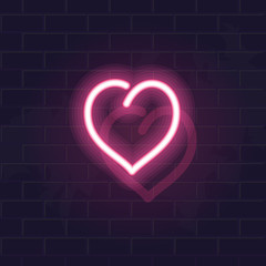 Neon pink heart. Fluorescent isolated vector illustration for any dark background. Square image for poster, banner, social network post.